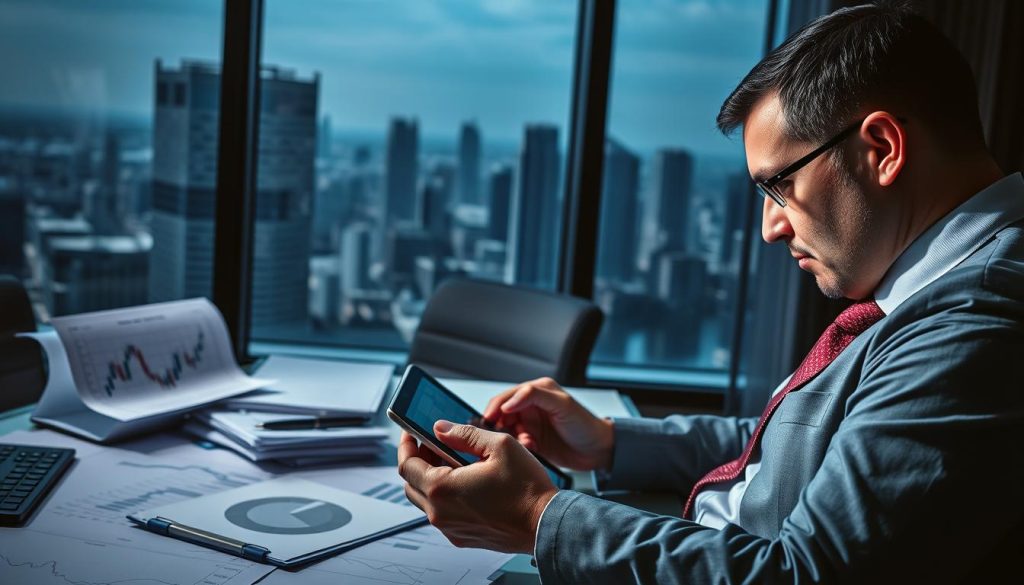 A professional office setting reflecting the theme of rising interest rate risks. In the foreground, a business professional in formal attire, deep in thought, analyzing financial charts on a tablet. In the middle ground, a desk cluttered with documents and reports showcasing fluctuating graphs and currency symbols, symbolizing economic volatility. The background depicts a large window with a cityscape, hinting at a dynamic economic environment, under dramatic lighting that casts shadows to create a sense of urgency and tension. The color palette features shades of blue and gray, enhancing a serious and focused mood. The scene captures the essence of evaluating interest rate fluctuations, providing a metaphorical firewall against financial instability. A professional office setting reflecting the theme of rising interest rate risks. In the foreground, a business professional in formal attire, deep in thought, analyzing financial charts on a tablet. In the middle ground, a desk cluttered with documents and reports showcasing fluctuating graphs and currency symbols, symbolizing economic volatility. The background depicts a large window with a cityscape, hinting at a dynamic economic environment, under dramatic lighting that casts shadows to create a sense of urgency and tension. The color palette features shades of blue and gray, enhancing a serious and focused mood. The scene captures the essence of evaluating interest rate fluctuations, providing a metaphorical firewall against financial instability.