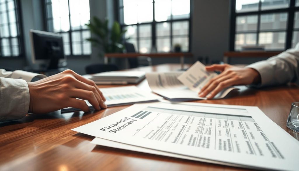 A professional office setting showcasing a close-up scene of essential financial documents, including a detailed financial statement, balance sheet, and income statement, neatly arranged on a polished wooden desk. In the foreground, a pair of elegant hands is seen organizing these documents, suggesting someone preparing for a business loan application. The background features a modern office environment with soft, natural lighting coming through large windows, casting gentle shadows. The atmosphere is focused and diligent, conveying a sense of seriousness regarding financial planning. The composition should be captured with a slightly elevated angle to highlight both the documents and the intent focus of the hands, ensuring a clear, professional representation suitable for a corporate article.