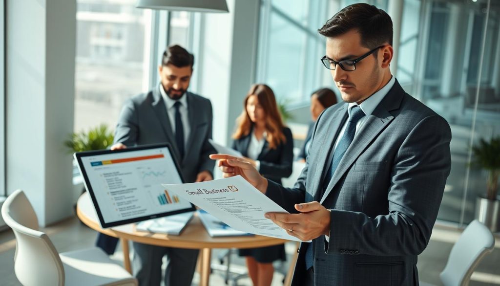 A professional office setting showcasing a diverse group of businesspeople engaged in a strategic meeting. In the foreground, a focused man in a tailored suit examines a document titled "中小企業認定" with a look of determination. Beside him, a woman in smart attire points at a digital screen displaying a checklist of small business criteria. The middle ground reveals a round conference table surrounded by charts and financial reports, highlighting the analytical tone of the discussion. The background features large windows with natural light flooding the room, creating an inviting atmosphere. Soft shadows enhance depth. The mood is collaborative and forward-thinking, ideal for illustrating the importance of confirming small business certification standards.