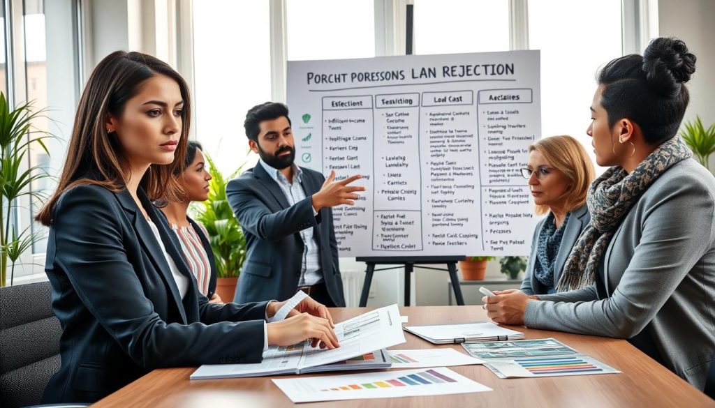 A professional office setting showcasing a diverse group of four individuals engaged in discussion around a table. In the foreground, a businesswoman in a formal suit looks concerned while reviewing financial documents, with colorful graphs and charts visible. In the middle, a man in a smart casual outfit gestures towards a large presentation board filled with common reasons for loan rejection, such as "insufficient income" and "poor credit history." The background features a window with natural light streaming in, casting a warm glow on the workspace, while potted plants add a touch of greenery. The mood is serious yet collaborative, emphasizing problem-solving strategies to improve loan approval chances. A professional office setting showcasing a diverse group of four individuals engaged in discussion around a table. In the foreground, a businesswoman in a formal suit looks concerned while reviewing financial documents, with colorful graphs and charts visible. In the middle, a man in a smart casual outfit gestures towards a large presentation board filled with common reasons for loan rejection, such as "insufficient income" and "poor credit history." The background features a window with natural light streaming in, casting a warm glow on the workspace, while potted plants add a touch of greenery. The mood is serious yet collaborative, emphasizing problem-solving strategies to improve loan approval chances.