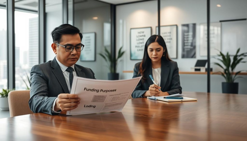 A professional office setting showcasing a diverse group of individuals engaged in a discussion about the use of loans. In the foreground, a middle-aged Asian businessman in professional attire reviews a document labeled "Funding Purposes" while sitting at a sleek wooden conference table. Next to him, a young Hispanic woman in a smart blazer takes notes with a focused expression. In the middle, an elegant glass window reveals a bustling cityscape. The background has modern office decor with potted plants and motivational posters. Soft natural light streams through the window, creating a warm and conducive atmosphere for collaboration. The mood is serious yet optimistic, emphasizing thoughtful discussions about financial decisions.
