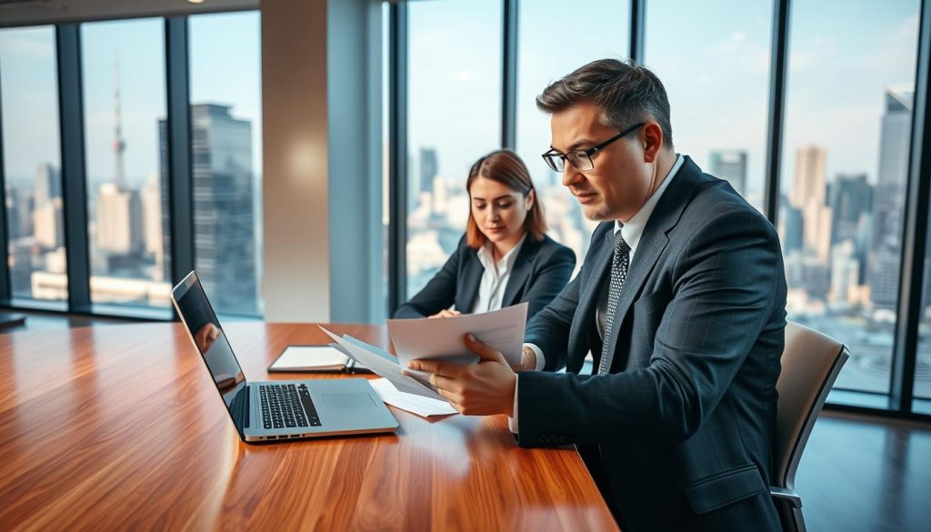 A professional office setting showcasing a financial consultant meeting with a client to discuss "房貸增貸申請資格." In the foreground, a well-dressed consultant, wearing a suit, reviews paperwork at a sleek wooden desk, displaying a laptop and a stack of documents. The middle layer includes the client, dressed in business casual attire, looking attentively over the documents. The background features large windows revealing a city skyline, letting in soft natural light that casts a warm glow throughout the room. The atmosphere conveys a sense of professionalism and focus, emphasizing a serious yet collaborative discussion. The shot uses a slight angle to capture both faces while highlighting the documents, creating depth and engagement in the scene. A professional office setting showcasing a financial consultant meeting with a client to discuss "房貸增貸申請資格." In the foreground, a well-dressed consultant, wearing a suit, reviews paperwork at a sleek wooden desk, displaying a laptop and a stack of documents. The middle layer includes the client, dressed in business casual attire, looking attentively over the documents. The background features large windows revealing a city skyline, letting in soft natural light that casts a warm glow throughout the room. The atmosphere conveys a sense of professionalism and focus, emphasizing a serious yet collaborative discussion. The shot uses a slight angle to capture both faces while highlighting the documents, creating depth and engagement in the scene.