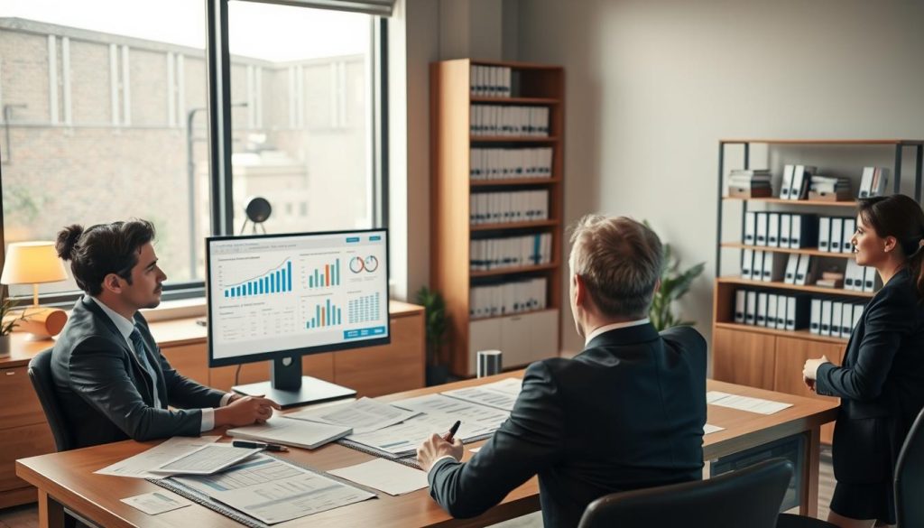 A professional office setting showcasing a loan approval process. In the foreground, a diverse group of three individuals in formal business attire engage in discussion around a large table covered with loan application documents and financial charts. In the middle ground, a modern computer screen displays graphs and statistics related to loan audits. The background features a large window with natural light illuminating the room, along with shelves filled with financial books. The atmosphere is focused and serious, with a sense of collaboration and diligence. Utilize soft, warm lighting to create a welcoming yet professional environment, shot from a slightly elevated angle to capture the interaction and dynamic of the scene.