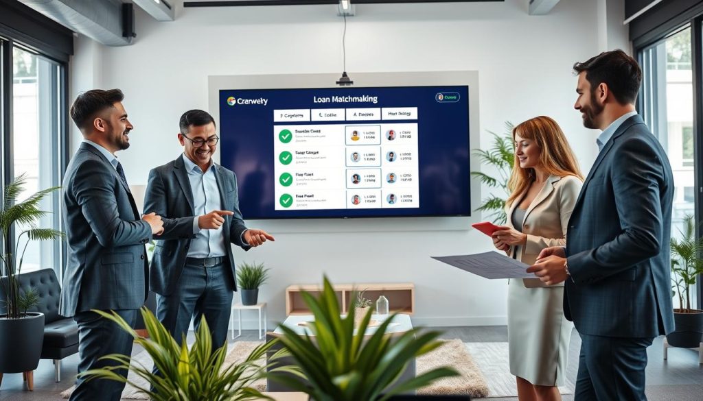 A professional office setting showcasing a loan matchmaking platform, with a sleek digital interface displaying various loan options on a large screen. In the foreground, a diverse group of four professionals—two men and two women—are engaged in discussion, dressed in smart business attire. They are reviewing documents and pointing at the screen, exuding an atmosphere of collaboration and focus. The middle ground features contemporary office furniture and plants, contributing to a modern, inviting workspace. In the background, large windows let in natural light, illuminating the room and creating a warm, productive mood. The camera angle is slightly elevated, capturing the scene from an inviting perspective that highlights the interaction among the professionals. A professional office setting showcasing a loan matchmaking platform, with a sleek digital interface displaying various loan options on a large screen. In the foreground, a diverse group of four professionals—two men and two women—are engaged in discussion, dressed in smart business attire. They are reviewing documents and pointing at the screen, exuding an atmosphere of collaboration and focus. The middle ground features contemporary office furniture and plants, contributing to a modern, inviting workspace. In the background, large windows let in natural light, illuminating the room and creating a warm, productive mood. The camera angle is slightly elevated, capturing the scene from an inviting perspective that highlights the interaction among the professionals.