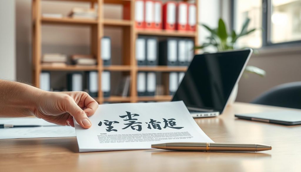 A professional office setting showcasing a well-organized desk with a "工作證明" document prominently displayed. In the foreground, a pair of hands is placing the document on the desk, fingers lightly resting on it as if presenting it for review. In the middle ground, a laptop and a stylish pen are visible, emphasizing a work-related theme. The background features a blurred office space with shelves of neatly arranged files and a potted plant bringing a touch of greenery. Soft, natural light filters in through a window, creating a warm and inviting atmosphere, suggesting a sense of professionalism and trust. The composition should evoke a sense of seriousness and clarity, reflecting the importance of work-related documentation.