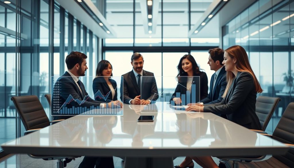 A professional office setting showcasing "operating cash flow" as a concept. In the foreground, a diverse group of four business people, dressed in smart business attire, are gathered around a sleek conference table, discussing financial charts. The middle ground features transparent screens displaying graphs and data related to cash flow trends, with flowing numbers and dynamic visuals representing finances. In the background, modern office decor with large windows, allowing natural light to illuminate the room, creating a bright and motivating atmosphere. The angle of the shot highlights teamwork and collaboration, emphasizing a professional yet friendly environment. The mood is focused and industrious, capturing the essence of business discussions related to company loans.