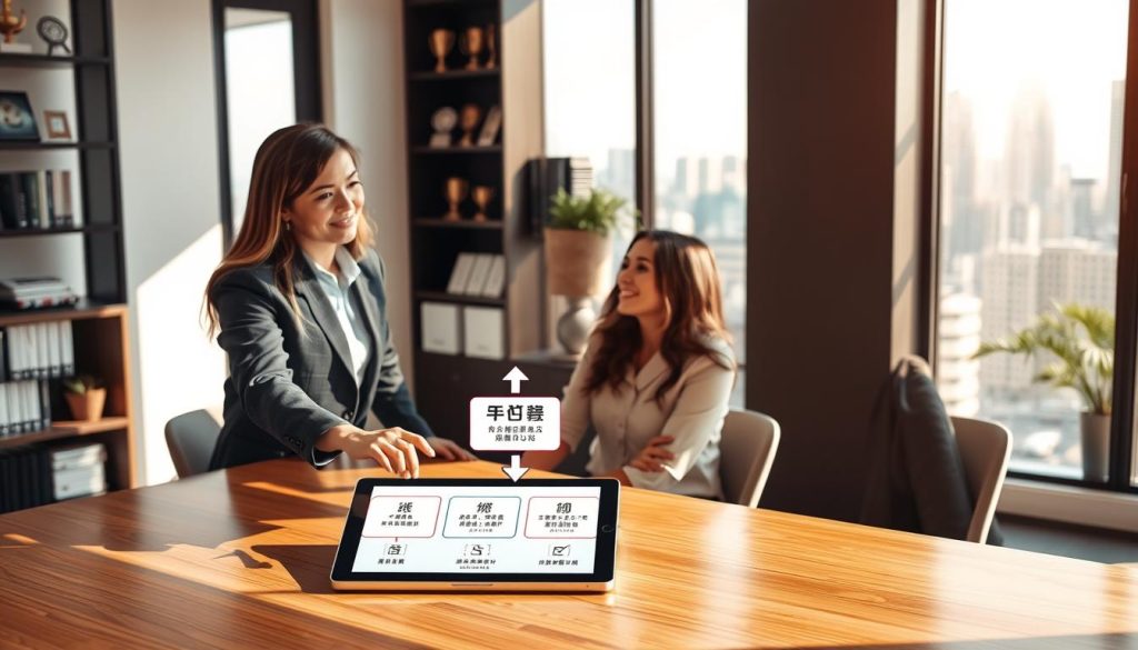 A professional office setting showcasing the "房貸轉增貸流程" with a focus on the process overview from consultation to disbursement. In the foreground, a confident financial advisor in business attire explains the steps to a couple seated at a sleek wooden table, looking engaged. The middle ground features a detailed flowchart on a smart tablet, illustrating each stage: consultation, application, approval, and funds disbursement, with clear, concise arrows connecting them. The background includes shelves with financial books and awards, along with a large window revealing a city skyline, bathed in warm, natural sunlight to create a welcoming atmosphere. The image conveys professionalism, clarity, and a sense of guidance, enhancing the understanding of the loan transfer process. A professional office setting showcasing the "房貸轉增貸流程" with a focus on the process overview from consultation to disbursement. In the foreground, a confident financial advisor in business attire explains the steps to a couple seated at a sleek wooden table, looking engaged. The middle ground features a detailed flowchart on a smart tablet, illustrating each stage: consultation, application, approval, and funds disbursement, with clear, concise arrows connecting them. The background includes shelves with financial books and awards, along with a large window revealing a city skyline, bathed in warm, natural sunlight to create a welcoming atmosphere. The image conveys professionalism, clarity, and a sense of guidance, enhancing the understanding of the loan transfer process.