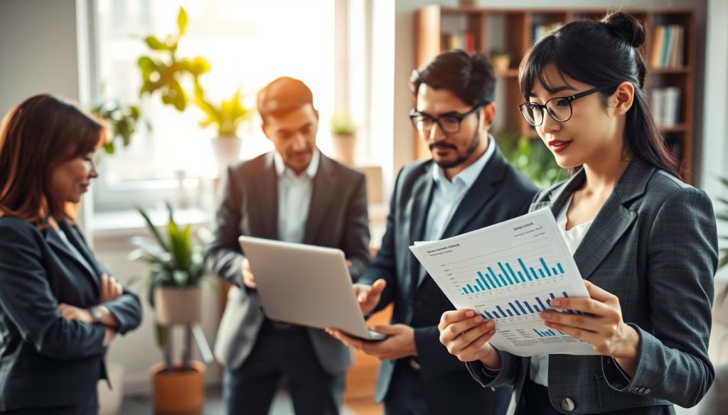 A professional office setting where a diverse group of four individuals are discussing financial alternatives, with a focus on the concept of "收入佐證" (income proof). In the foreground, a confident woman in business attire holds a financial document, looking engaged and explaining her point. In the middle ground, two men, one Caucasian and one Asian, examine a laptop screen displaying graphs and data, reflecting alternative income verification methods. In the background, a window lets in soft natural light, illuminating a modern office with plants and shelves filled with books. The atmosphere is collaborative and optimistic, indicating problem-solving and options beyond traditional employment proofs. The lens focus captures the details of the documents and expressions, emphasizing clarity and professionalism.