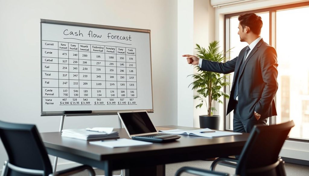 A professional office setting with a clear focus on a whiteboard displaying a detailed 12-month cash flow forecast chart. In the foreground, an analytical business professional in a suit stands beside the board, pointing to key figures. The middle ground features a well-organized desk with a laptop, financial documents, and a calculator, emphasizing a work-in-progress atmosphere. The background shows a modern office with soft, natural lighting coming from large windows, creating an optimistic and focused ambiance. The overall mood should be one of determination and clarity, highlighting the importance of cash flow and revenue in demonstrating repayment ability for loans.