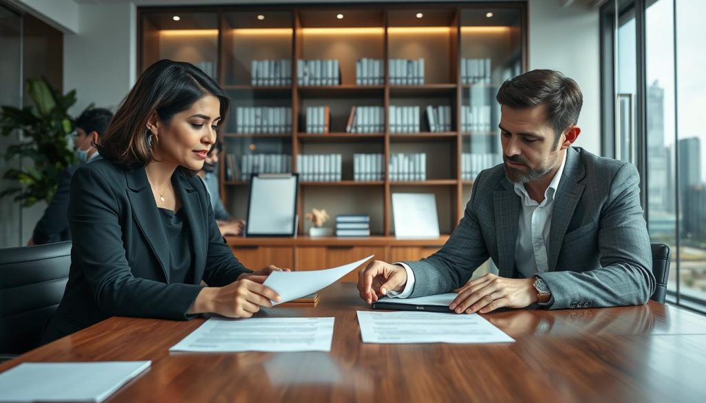 A professional office setting with a diverse group of individuals engaged in a detailed discussion about housing loan transfers and loan guarantees. In the foreground, two business professionals, a middle-aged Asian woman in an elegant suit and a Caucasian man in a tailored blazer, are reviewing documents on a wooden conference table, with highlighted sections of a contract visible. The middle layer features a large window with soft natural light filtering in, illuminating a bookshelf filled with financial literature. The background displays a modern city skyline, symbolizing financial growth and opportunities. The atmosphere is focused and collaborative, showcasing a sense of trust and professionalism essential in loan agreements. The image should be well-composed with a clear focus on the interaction. A professional office setting with a diverse group of individuals engaged in a detailed discussion about housing loan transfers and loan guarantees. In the foreground, two business professionals, a middle-aged Asian woman in an elegant suit and a Caucasian man in a tailored blazer, are reviewing documents on a wooden conference table, with highlighted sections of a contract visible. The middle layer features a large window with soft natural light filtering in, illuminating a bookshelf filled with financial literature. The background displays a modern city skyline, symbolizing financial growth and opportunities. The atmosphere is focused and collaborative, showcasing a sense of trust and professionalism essential in loan agreements. The image should be well-composed with a clear focus on the interaction.