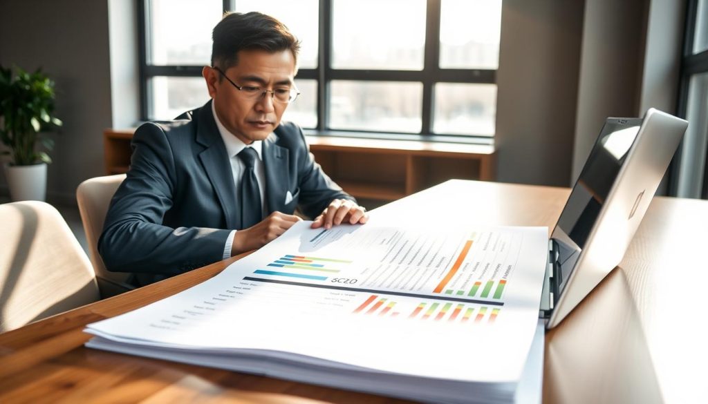A professional office setting with a focus on a large, well-organized credit report displayed on a sleek wooden desk. In the foreground, a businessperson of Asian descent in a tailored suit, intently examining the report with a look of concentration. The middle ground features a laptop with graphs and charts representing credit scores and financial data. In the background, bright natural light filters through large windows, casting soft shadows, creating a calm yet focused atmosphere. The overall mood conveys professionalism and analytical depth, with an emphasis on financial literacy. The shot is taken from a slightly elevated angle, enhancing the sense of urgency and importance in the interpretation of credit reports. A professional office setting with a focus on a large, well-organized credit report displayed on a sleek wooden desk. In the foreground, a businessperson of Asian descent in a tailored suit, intently examining the report with a look of concentration. The middle ground features a laptop with graphs and charts representing credit scores and financial data. In the background, bright natural light filters through large windows, casting soft shadows, creating a calm yet focused atmosphere. The overall mood conveys professionalism and analytical depth, with an emphasis on financial literacy. The shot is taken from a slightly elevated angle, enhancing the sense of urgency and importance in the interpretation of credit reports.