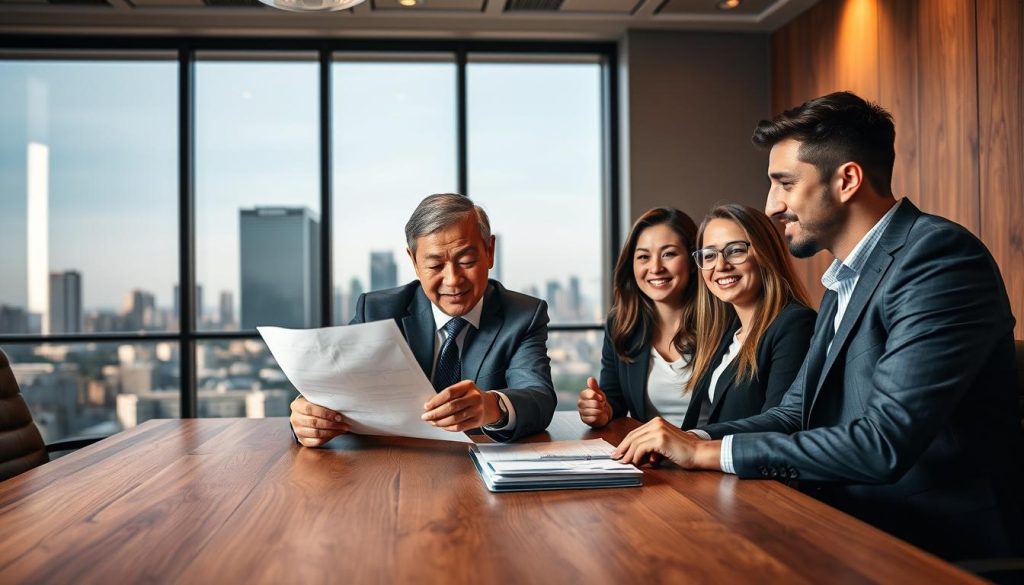 A professional office setting with a modern design, featuring a wooden conference table in the foreground, surrounded by five people in business attire. In the center, a middle-aged Asian man, who is a mortgage advisor, is presenting financial documents to a young couple looking engaged and curious. The couple, a man and a woman, showcase a mix of excitement and concern about their housing situation. In the background, a large window offers a view of a city skyline, with warm, natural light streaming in, creating a welcoming atmosphere. Soft shadows are cast by the overhead lights, adding warmth to the scene. The overall mood is serious yet hopeful, reflecting the complexities of mortgage evaluation and the possibility of loan refinancing. A professional office setting with a modern design, featuring a wooden conference table in the foreground, surrounded by five people in business attire. In the center, a middle-aged Asian man, who is a mortgage advisor, is presenting financial documents to a young couple looking engaged and curious. The couple, a man and a woman, showcase a mix of excitement and concern about their housing situation. In the background, a large window offers a view of a city skyline, with warm, natural light streaming in, creating a welcoming atmosphere. Soft shadows are cast by the overhead lights, adding warmth to the scene. The overall mood is serious yet hopeful, reflecting the complexities of mortgage evaluation and the possibility of loan refinancing.