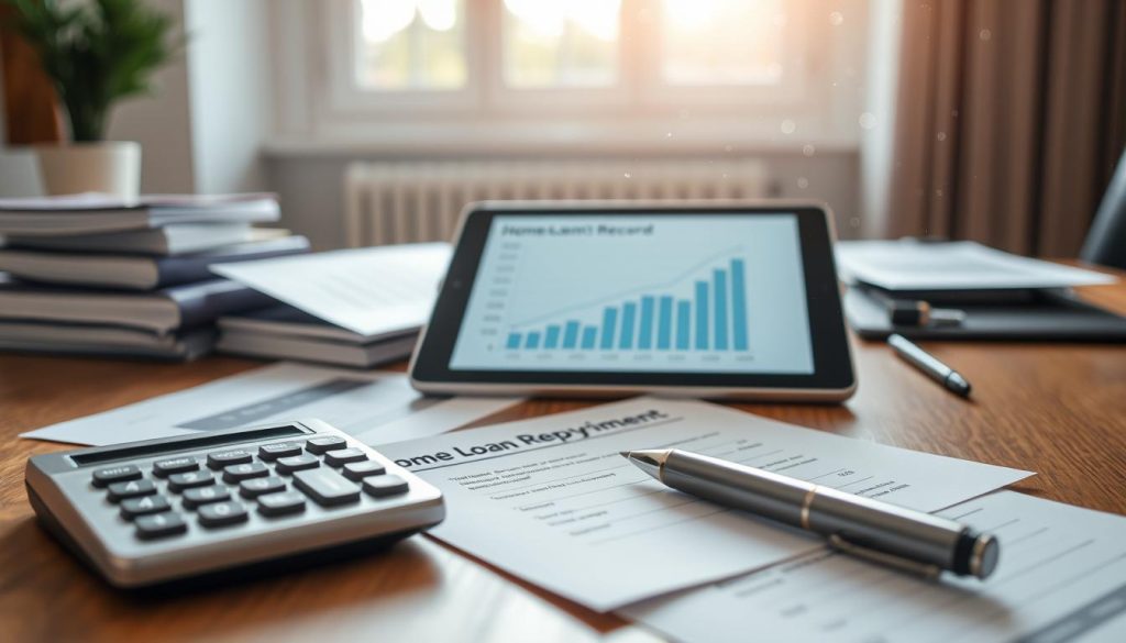 A professional office space focusing on a home loan repayment record, displayed prominently on a sleek wooden desk. The foreground features a polished calculator, financial documents, and a stylish pen, all arranged neatly. In the middle, a graph illustrating repayment trends is partially visible on a digital tablet, radiating a sense of organization and clarity. The background includes a softly blurred window depicting a bright day outside, creating a welcoming atmosphere. Natural light streams in, highlighting dust particles in the air, enhancing the mood of diligence and focus in financial management. The scene suggests a professional yet comfortable environment, perfect for discussing practical methods and prioritization for improving repayment records. A professional office space focusing on a home loan repayment record, displayed prominently on a sleek wooden desk. The foreground features a polished calculator, financial documents, and a stylish pen, all arranged neatly. In the middle, a graph illustrating repayment trends is partially visible on a digital tablet, radiating a sense of organization and clarity. The background includes a softly blurred window depicting a bright day outside, creating a welcoming atmosphere. Natural light streams in, highlighting dust particles in the air, enhancing the mood of diligence and focus in financial management. The scene suggests a professional yet comfortable environment, perfect for discussing practical methods and prioritization for improving repayment records.