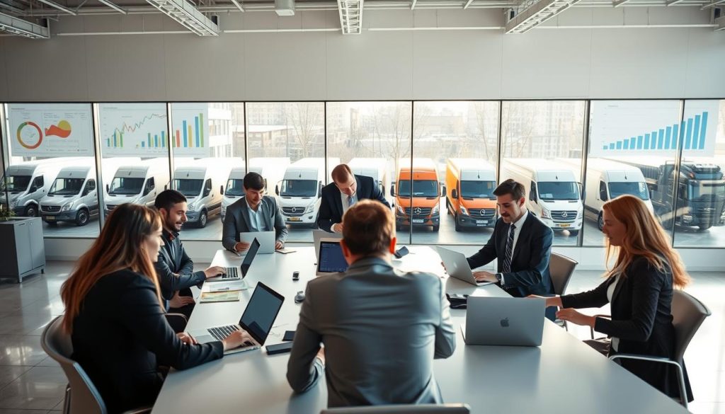 A professional office space showcasing an equipment and vehicle assessment scene. In the foreground, a diverse group of business professionals, dressed in smart business attire, are gathered around a modern conference table with laptops and documents spread out. In the middle ground, a large window displays various vehicles parked outside, including trucks and vans, reflecting soft afternoon sunlight. The background features a wall adorned with charts and graphs, symbolizing asset valuations. The lighting is bright and inviting, creating a productive atmosphere. The angle is slightly elevated, providing a comprehensive view of the collaborative scene, emphasizing teamwork and strategic discussions about assessing physical assets like machinery and vehicles in a corporate setting.