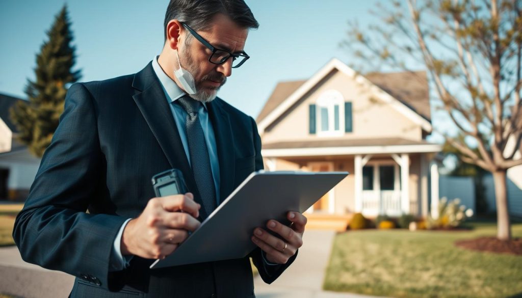 A professional real estate appraiser is examining a house in a serene suburban neighborhood. In the foreground, the appraiser, dressed in a smart business suit, is using a digital measuring device while taking notes on a clipboard. The middle ground features a cozy, well-maintained home with fresh landscaping, showcasing its value. The background includes a clear blue sky and a few trees, enhancing the tranquil atmosphere. The lighting is soft, suggesting either early morning or late afternoon, casting gentle shadows. The scene conveys a sense of diligence and professionalism in the home appraisal process, highlighting the meticulous nature of evaluating property value.