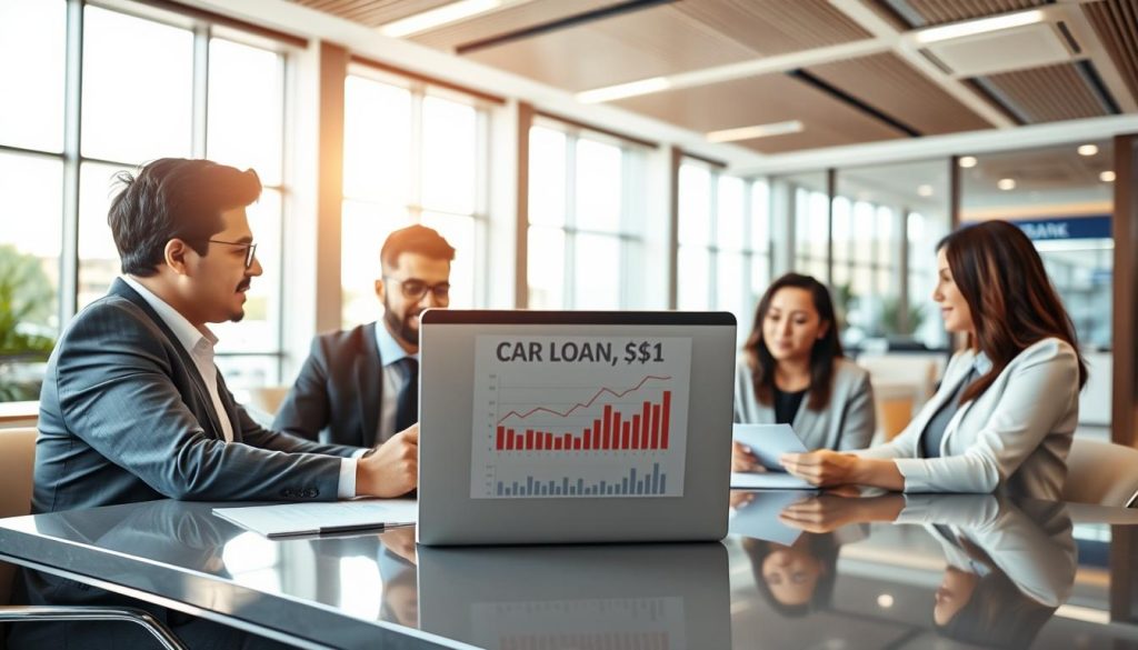A professional setting depicting a car loan application process. In the foreground, a diverse group of two people—one wearing a business suit and one in smart casual attire—are seated at a sleek, modern desk, discussing documents related to car financing. In the middle, a laptop is open with graphs and information about car loans displayed on the screen. The background reveals a contemporary bank office with large windows allowing natural light to pour in, creating a warm and inviting atmosphere. The lighting is bright yet soft, enhancing the professionalism of the scene. The camera angle is slightly elevated, capturing both the engaged conversation and the informative elements of the environment, conveying a sense of trust and clarity in the loan application process. A professional setting depicting a car loan application process. In the foreground, a diverse group of two people—one wearing a business suit and one in smart casual attire—are seated at a sleek, modern desk, discussing documents related to car financing. In the middle, a laptop is open with graphs and information about car loans displayed on the screen. The background reveals a contemporary bank office with large windows allowing natural light to pour in, creating a warm and inviting atmosphere. The lighting is bright yet soft, enhancing the professionalism of the scene. The camera angle is slightly elevated, capturing both the engaged conversation and the informative elements of the environment, conveying a sense of trust and clarity in the loan application process.