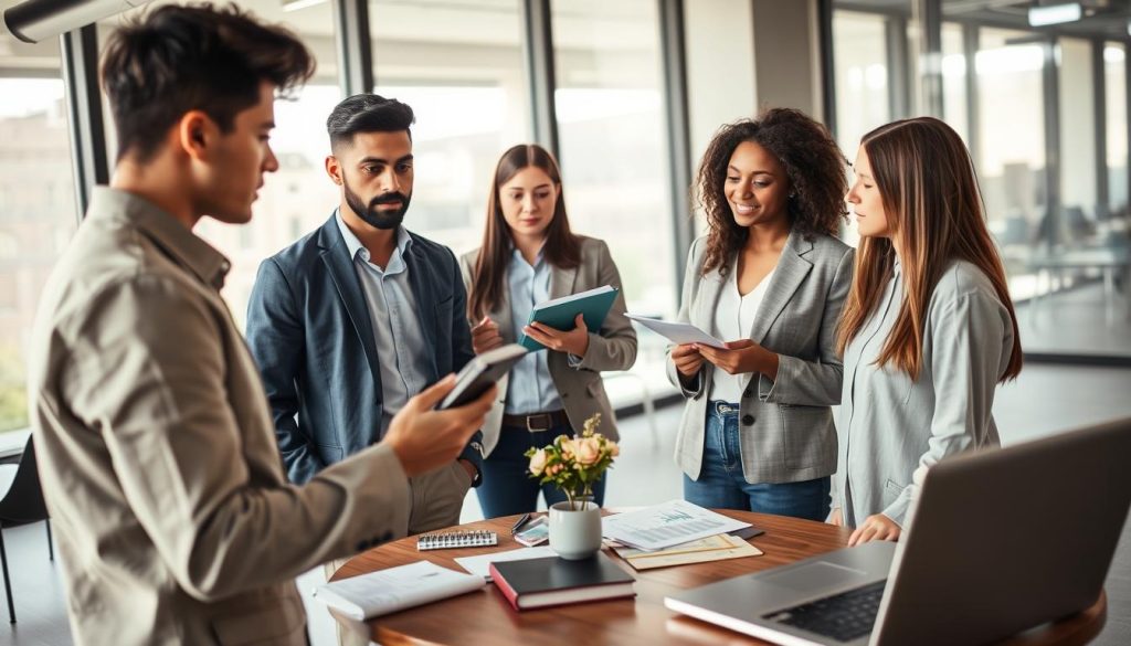 A professional setting depicting a diverse group of young adults engaged in a discussion about student loans. In the foreground, a young man in professional attire is holding a tablet, displaying financial graphs. Beside him, a woman in modest business casual attire is taking notes. In the middle ground, a small table is laden with financial documents, notebooks, and a laptop. The background features a modern office environment with large windows letting in soft, natural light, creating an atmosphere of focus and determination. The camera angle is slightly above eye level, capturing both the intensity of their conversation and the details of the documents on the table, reflecting the complexities of student loans and their impact on credit applications.