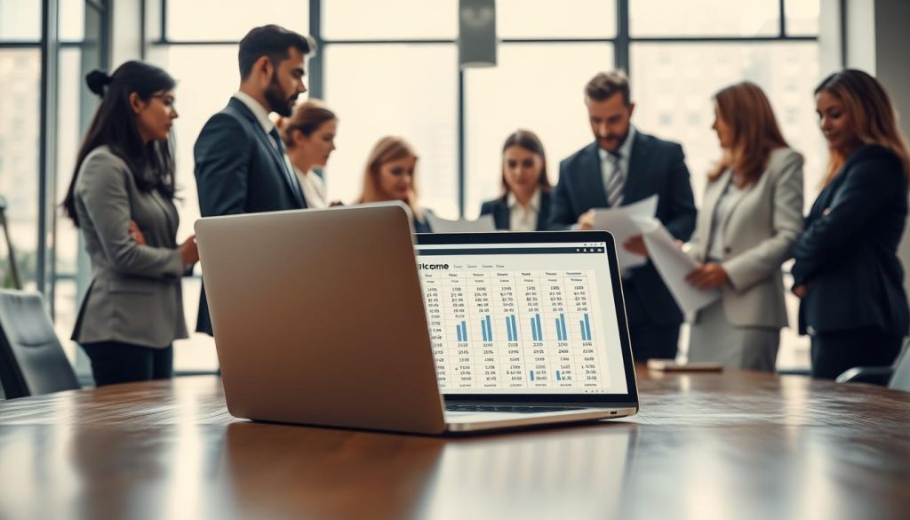 A professional setting depicting the concept of "收入認定" (income certification) in the context of loan evaluations. In the foreground, a diverse group of business professionals dressed in smart business attire, engaged in a focused discussion around a modern conference table, reviewing financial documents and charts. The middle ground features a laptop displaying a spreadsheet filled with income figures and graphs, symbolizing financial assessment. In the background, large windows let in soft, natural light, illuminating the office environment and casting subtle shadows on the polished floor. The atmosphere is serious and analytical, emphasizing the complexities of income recognition and how different work styles impact loan approvals. The perspective is slightly angled, providing depth to the scene, while ensuring a clean, polished look without any distractions or text.