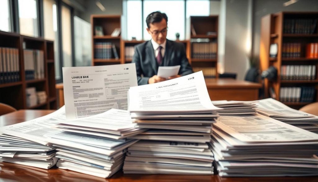 A professional setting displaying various loan documents relevant to the banking industry in Taiwan. In the foreground, diverse financial papers are neatly stacked, showcasing different types of loan agreements, bank statements, and identification documents, all in a well-organized manner. In the middle, a business professional, dressed in smart business attire, is reviewing these documents with a focused expression. The background features a modern office environment, with soft natural light streaming through large windows, illuminating a polished wooden desk and shelves filled with banking books and files. The overall atmosphere is serious and informative, suitable for a discussion about loan documentation practices in Taiwanese banks, conveying trust and professionalism.