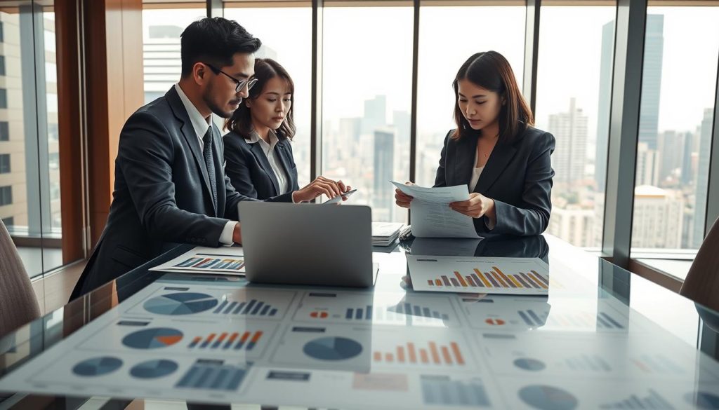 A professional setting featuring a modern Taiwanese bank office, with a clear focus on the loan approval process. In the foreground, a diverse group of three business professionals, dressed in business attire, are engaged in a discussion over documents and a laptop, examining a loan application. The middle ground showcases a large, glass conference table filled with charts and graphs depicting approval statistics. The background features a wall of windows revealing a bustling cityscape, illuminated by soft, natural light that enhances the focus on the team. The mood is serious yet collaborative, capturing the complexity of the financial decision-making process. The image should convey professionalism, teamwork, and the importance of financial institutions in loan approvals, with a clean and organized aesthetic.