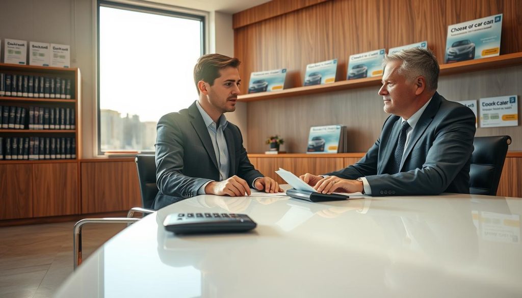 A professional setting focused on car loans, featuring a bank office environment. In the foreground, a business professional, dressed in a tailored suit, is discussing with a client at a sleek desk. The client, in casual but neat clothing, appears engaged and interested. Papers and a calculator are neatly arranged on the desk, suggesting a loan calculation process. In the middle ground, a large window reveals a clear sky, providing natural light that illuminates the space warmly. The backdrop includes shelves filled with banking books and promotional materials about low-interest car loans. The atmosphere conveys trust and professionalism, emphasizing the advantages of choosing bank loans over agents. Use bright lighting to enhance the inviting ambiance, focusing on a slight depth of field to keep attention on the meeting.