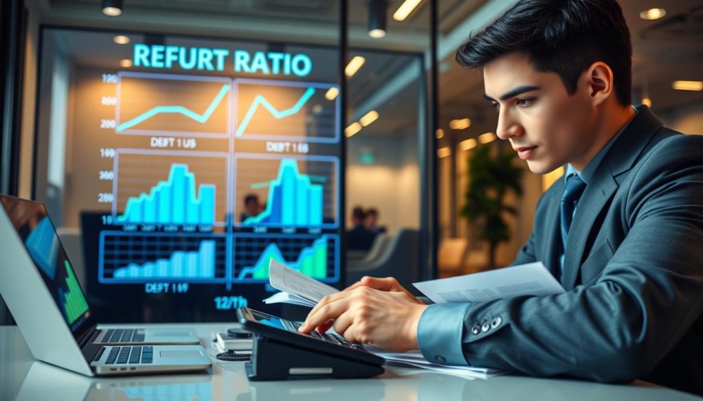 A professional setting illustrating the concept of "Debt Ratio" with a focus on financial calculations. In the foreground, a young professional wearing business attire is examining financial documents, with a calculator and a laptop open next to them. The middle ground features a large digital display showing graphs of debt versus income ratios, highlighted in vivid colors like blue and green for clarity. The background includes a modern office environment with soft lighting creating a calm and focused atmosphere. The mood is analytical and serious, emphasizing the importance of understanding financial metrics. Use a slightly elevated angle to give a comprehensive view of the scene, ensuring all elements harmonize in a cohesive manner. A professional setting illustrating the concept of "Debt Ratio" with a focus on financial calculations. In the foreground, a young professional wearing business attire is examining financial documents, with a calculator and a laptop open next to them. The middle ground features a large digital display showing graphs of debt versus income ratios, highlighted in vivid colors like blue and green for clarity. The background includes a modern office environment with soft lighting creating a calm and focused atmosphere. The mood is analytical and serious, emphasizing the importance of understanding financial metrics. Use a slightly elevated angle to give a comprehensive view of the scene, ensuring all elements harmonize in a cohesive manner.