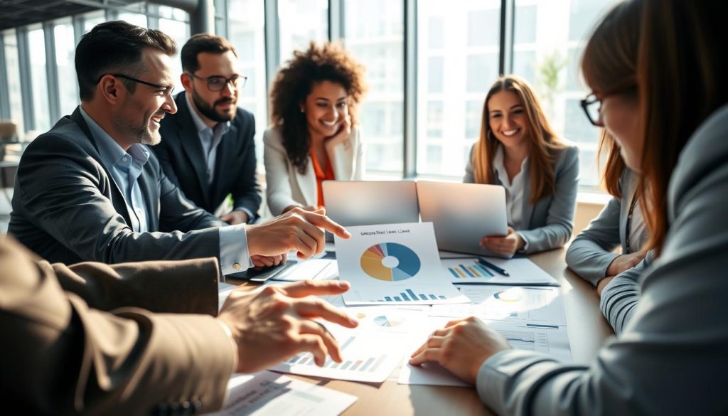 A professional setting illustrating "unsecured business loans," featuring a diverse group of business people in smart casual attire engaged in a discussion around a table filled with financial documents, charts, and a laptop. The foreground includes close-up details of hands pointing at a pie chart, while the middle ground shows the individuals collaborating with focused expressions. The background features a modern office environment with large windows, allowing natural light to flood the space, casting soft shadows. The atmosphere is one of collaboration and determination, conveying a sense of trust and opportunity in the world of business financing. The image should feel optimistic and professional, emphasizing the theme of financial decisions without distractions.