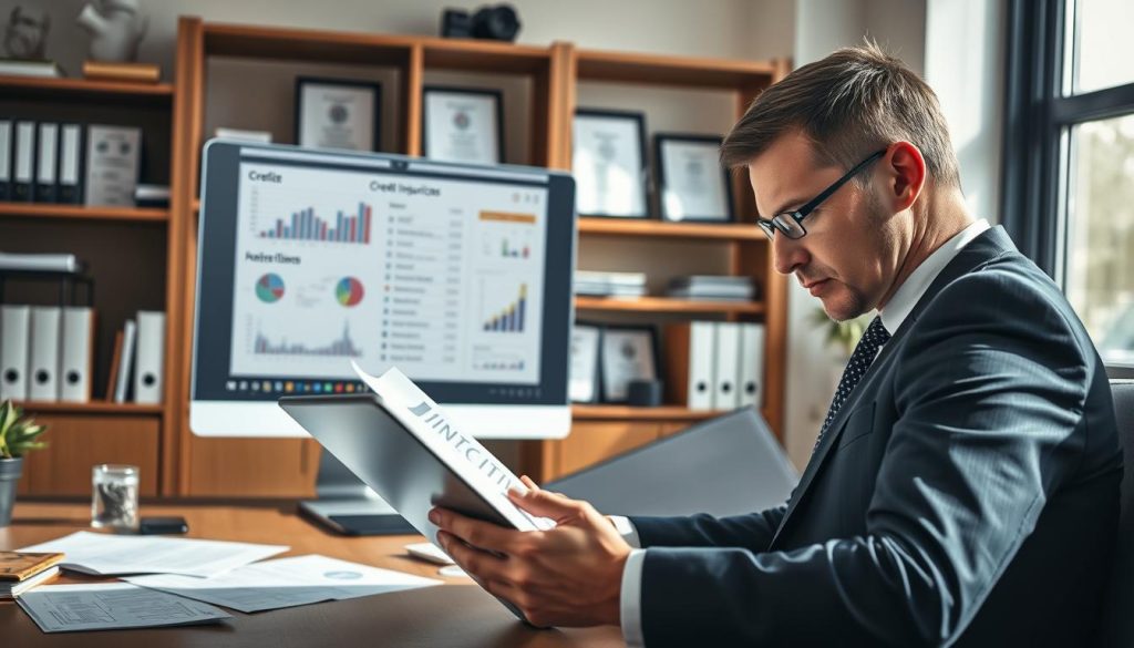 A professional setting showcasing a detailed office scene that illustrates the concept of credit checks and their implications. In the foreground, a focused individual dressed in smart business attire, intently reviewing a document with data analytics on a sleek laptop. In the middle ground, a large desktop monitor displaying graphs and statistics about credit inquiries, with notes and charts scattered around. The background features shelves with finance books and certificates, creating an academic atmosphere. The room is brightly lit with natural light filtering through a window, casting soft shadows. The angle captures a dynamic view of the workspace, emphasizing a mood of diligence and analysis, reflecting the seriousness of credit evaluation.