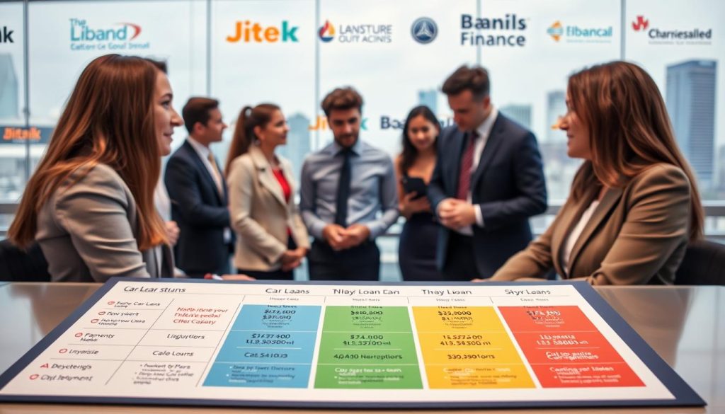 A professional setting showcasing a detailed visual representation of car loan structures. The foreground features a sleek infographic highlighting key loan components, such as interest rates, down payments, and payment terms, illustrated with vibrant colors and clear icons. In the middle, a diverse group of individuals in smart business attire engage in discussion, analyzing the loan options from different financial institutions. The background displays a cityscape with recognizable bank and finance company logos subtly integrated. Soft, ambient lighting creates a focused yet encouraging atmosphere, emphasizing collaboration and decision-making. Use a wide-angle lens effect to capture the depth of this financial landscape while ensuring clarity in the foreground details. A professional setting showcasing a detailed visual representation of car loan structures. The foreground features a sleek infographic highlighting key loan components, such as interest rates, down payments, and payment terms, illustrated with vibrant colors and clear icons. In the middle, a diverse group of individuals in smart business attire engage in discussion, analyzing the loan options from different financial institutions. The background displays a cityscape with recognizable bank and finance company logos subtly integrated. Soft, ambient lighting creates a focused yet encouraging atmosphere, emphasizing collaboration and decision-making. Use a wide-angle lens effect to capture the depth of this financial landscape while ensuring clarity in the foreground details.