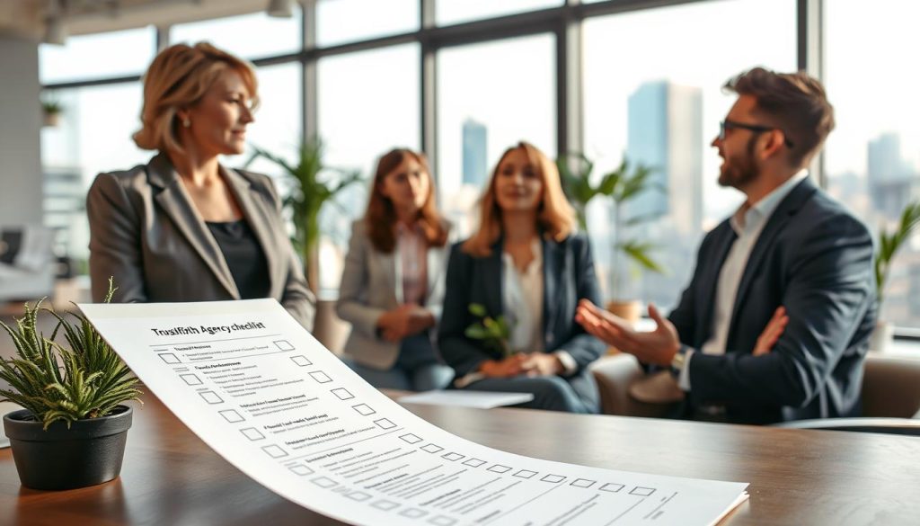 A professional setting showcasing a diverse group of individuals, including a middle-aged woman in a sleek business suit and a young man in smart casual attire, engaging in a discussion about identifying loan fraud. In the foreground, a checklist with clear markers is slanted on a desk, capturing the essence of a ‘trustworthy agency checklist’. The middle ground features a large window letting in soft, natural light, illuminating an office filled with potted plants and modern furnishings, suggesting a clean and organized environment. The background reveals a city skyline, symbolizing stability and credibility. The atmosphere is focused and collaborative, fostering a sense of diligence and trustworthiness in financial matters.