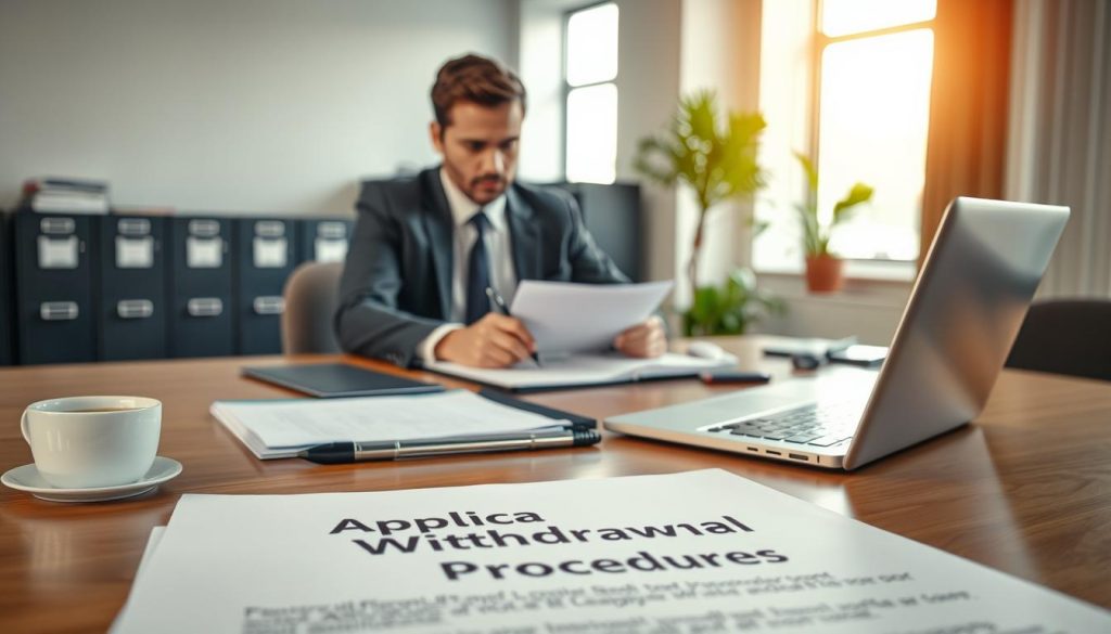 A professional setting within a well-lit office, focusing on a formal document entitled “Application Withdrawal Procedures” on a polished wooden desk. In the foreground, a neatly arranged workspace includes a sleek laptop and a cup of coffee, suggesting productivity. The middle ground features a business person in professional attire, engaged in writing a formal letter. They have a determined expression, reflecting the importance of the task. Soft, natural light filters through a large window, enhancing the mood of seriousness and resolve. In the background, there are filing cabinets and a potted plant, adding a touch of warmth to the corporate environment. The scene conveys a sense of professionalism and the formal nature of the withdrawal application process.