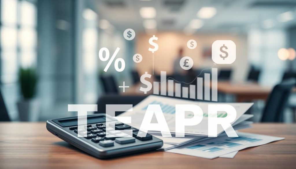 A professional, visually engaging infographic showcasing the concept of "Total Expense Annual Percentage Rate" (TEAPR). In the foreground, depict a calculator and financial documents, such as charts showing interest rates and cash flow graphs. In the middle, include abstract representations of percentage symbols and currency icons, symbolizing financial calculations and assessments. The background should feature a blurred office environment with soft, diffused lighting to convey a corporate atmosphere. The overall mood should be serious yet approachable, emphasizing informed decision-making. Use a slight overhead angle for a dynamic view, focusing on the financial tools while ensuring all elements are cohesive and visually appealing, without any text or branded elements. A professional, visually engaging infographic showcasing the concept of "Total Expense Annual Percentage Rate" (TEAPR). In the foreground, depict a calculator and financial documents, such as charts showing interest rates and cash flow graphs. In the middle, include abstract representations of percentage symbols and currency icons, symbolizing financial calculations and assessments. The background should feature a blurred office environment with soft, diffused lighting to convey a corporate atmosphere. The overall mood should be serious yet approachable, emphasizing informed decision-making. Use a slight overhead angle for a dynamic view, focusing on the financial tools while ensuring all elements are cohesive and visually appealing, without any text or branded elements.