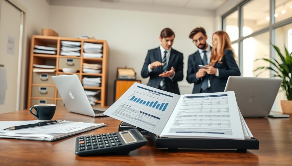 A professional, well-organized office setting with a focus on a financial report for small and medium enterprises. In the foreground, a neatly arranged desk with an open financial statement displaying charts and figures, surrounded by a calculator, a laptop, and a cup of coffee. The middle features a diverse group of two business professionals in smart attire engaged in discussion, one pointing at the report, while the other takes notes. In the background, a filing cabinet filled with business documents and a large window letting in soft, natural light, creating an inviting atmosphere. The overall mood is collaborative and focused, highlighting the significance of financial documentation in loan applications. The composition should be well-lit, showcasing clarity and professionalism.
