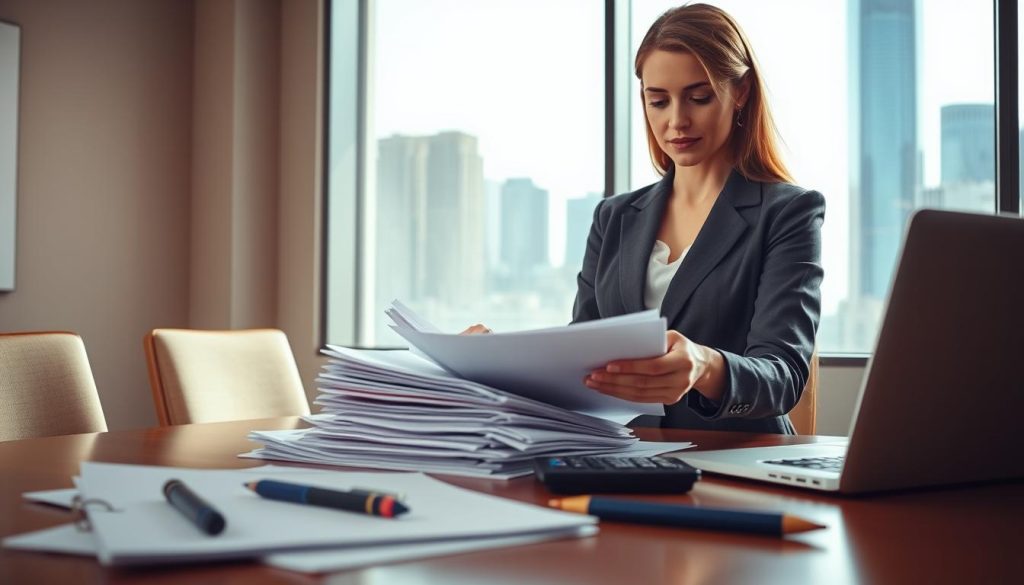 A professional woman in business attire, standing confidently at a conference table, examining a stack of documents that represent various debts, with a calculator and a laptop open beside her. In the background, a large window reveals a city skyline, symbolizing the financial market. Soft, natural lighting filters through the window, creating a bright and hopeful atmosphere. The foreground features detailed office items like pens, notepads, and financial reports, while the middle ground captures the woman’s focused expression as she assesses her financial situation. The overall mood is one of determination and clarity, emphasizing the complexity and reality of debt consolidation rather than an illusion of simplicity.