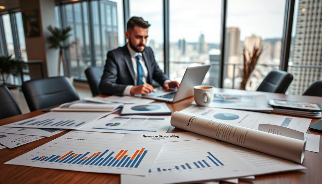 A professional workspace showcasing a neatly organized loan application package titled "Revenue Storytelling." In the foreground, spread out documents with graphs illustrating increasing revenue over time, accompanied by business reports and financial charts. In the middle, a focused individual in smart business attire is analyzing the materials, surrounded by a laptop and a coffee cup, conveying a sense of concentration. In the background, a modern office setting with large windows allowing natural light to filter in, highlighting a cityscape. The overall atmosphere is one of professionalism and diligence, reflecting the importance of revenue data in loan assessments. Soft, warm lighting enhances the feeling of productivity and focus.