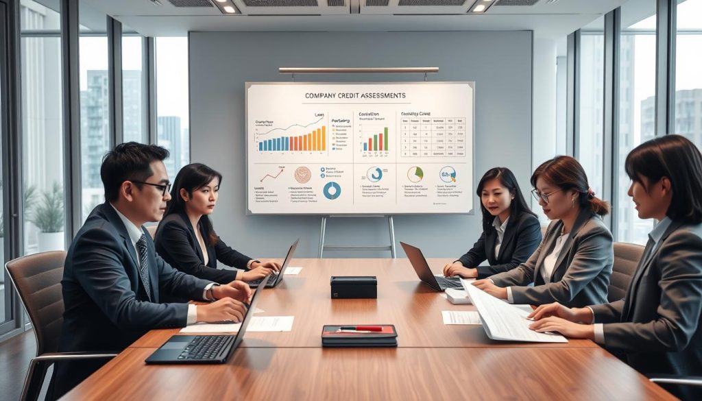 A professionally designed office scene depicting a business meeting in Taiwan focused on company credit assessment. In the foreground, a diverse group of four individuals—two men and two women—dressed in smart business attire are engaged in a discussion around a large conference table, analyzing documents and charts on laptops. The middle layer features a whiteboard filled with graphs detailing loan approval criteria and credit scores, symbolizing the loan approval logic used in Taiwanese enterprises. The background showcases a modern office with large windows allowing natural light to flood the room, creating a bright and inviting atmosphere. The overall mood is serious yet collaborative, emphasizing professionalism and focus.