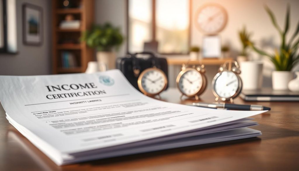 A realistic and detailed income certification document prominently displayed in the foreground, with a focus on essential elements such as an official company letterhead, signature, and clear numerical figures reflecting monthly income. In the middle ground, include subtle indicators of different employment types, such as a briefcase and a laptop representing full-time employees, a contract and a clock symbolizing freelancers, and accounting tools for self-employed individuals. In the background, a blurred office setting with professional decor to convey a corporate environment. Soft, natural lighting enhances the ambiance, creating a professional yet inviting atmosphere. The image is captured from a slightly elevated angle for a clear view, emphasizing the significance of income sources and employment types.