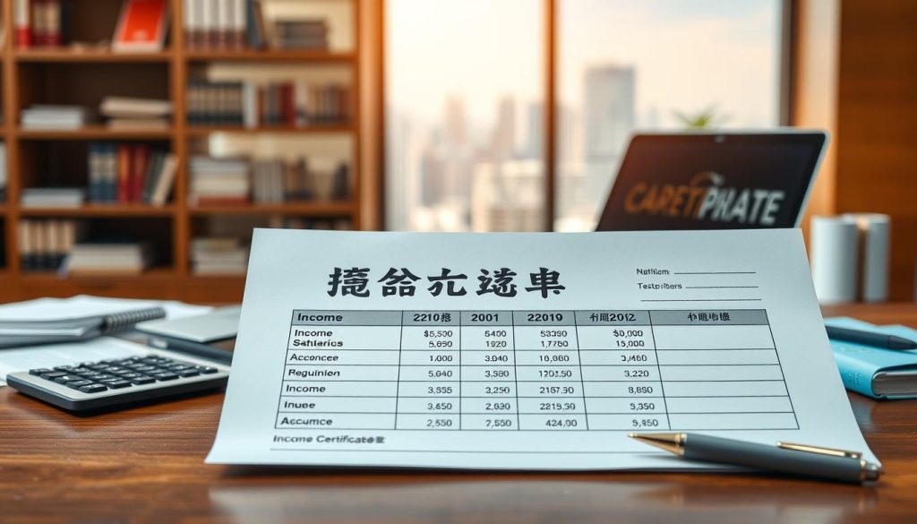 A realistic image of a financial document demonstrating "收入證明" (income certificate) prominently in the foreground, featuring a clean layout with neatly aligned sections displaying income amounts and other relevant financial details. Surrounding the document are subtle elements like a calculator, a pen, and a laptop in the middle ground, emphasizing a professional work setting. In the background, blurred shelves of financial books and a soft-focus window showcasing a city skyline provide depth and context. The lighting should be warm and inviting, suggesting a productive office atmosphere, with a slight focus effect that draws attention to the income certificate. The overall mood is serious and professional, reflecting the importance of income and debt ratios in financial assessments.