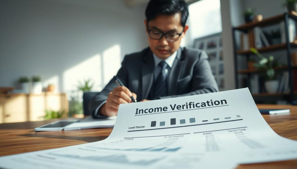 A realistic scene depicting a financial document labeled "Income Verification" prominently placed on a wooden desk. The document features clear, professional formatting and graphs illustrating debt-to-income ratios. In the background, a focused business professional, a middle-aged Asian man in formal attire, is analyzing the document, taking notes with a pen in hand. Soft, diffused lighting filters through a nearby window, casting gentle shadows and creating a calm, contemplative atmosphere. The room is subtly decorated with potted plants and a bookshelf filled with finance-related books, enhancing the professional setting. The camera angle should capture both the document and the individual, showcasing their engagement with the financial analysis. The overall mood reflects seriousness and determination in evaluating loan eligibility.