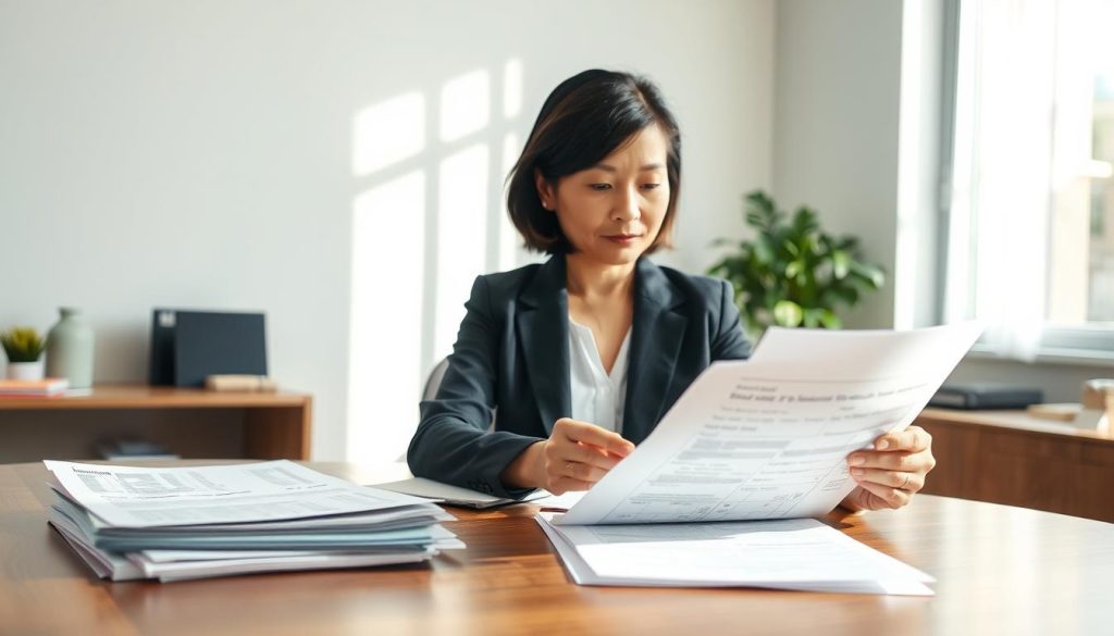 A serene and professional office setting with a wooden desk in the foreground, neatly arranged with essential documents for mortgage preparation, such as financial statements, property appraisals, and identification papers. In the middle ground, a middle-aged Asian woman, dressed in smart business attire, reviews the documents with a focused expression, contemplating the implications of the information. The background shows a bright window with natural sunlight streaming in, casting gentle shadows that enhance the atmosphere of diligence and preparedness. The overall mood is one of confidence and clarity, suggesting the importance of being well-prepared before engaging in home equity lending discussions. The image should capture a sense of professionalism, organization, and readiness for financial decisions. A serene and professional office setting with a wooden desk in the foreground, neatly arranged with essential documents for mortgage preparation, such as financial statements, property appraisals, and identification papers. In the middle ground, a middle-aged Asian woman, dressed in smart business attire, reviews the documents with a focused expression, contemplating the implications of the information. The background shows a bright window with natural sunlight streaming in, casting gentle shadows that enhance the atmosphere of diligence and preparedness. The overall mood is one of confidence and clarity, suggesting the importance of being well-prepared before engaging in home equity lending discussions. The image should capture a sense of professionalism, organization, and readiness for financial decisions.