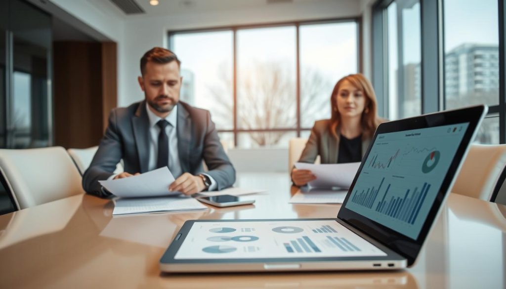 A serene office environment featuring a professional male and female, both dressed in smart business attire, sitting at a sleek conference table. The foreground captures their focused expressions as they review documents, their hands poised over loan applications and financial charts that illustrate assessment processes. In the middle ground, an open laptop displays charts and data, highlighting a moment of strategic planning and reflection. The background reveals large windows with natural light pouring in, casting a warm glow over the room, symbolizing a fresh start. The atmosphere is calm yet serious, embodying the theme of reflection and prudent decision-making without any distractions. The setting suggests a moment of pause for consideration, emphasizing the importance of taking time before moving forward with financial decisions.