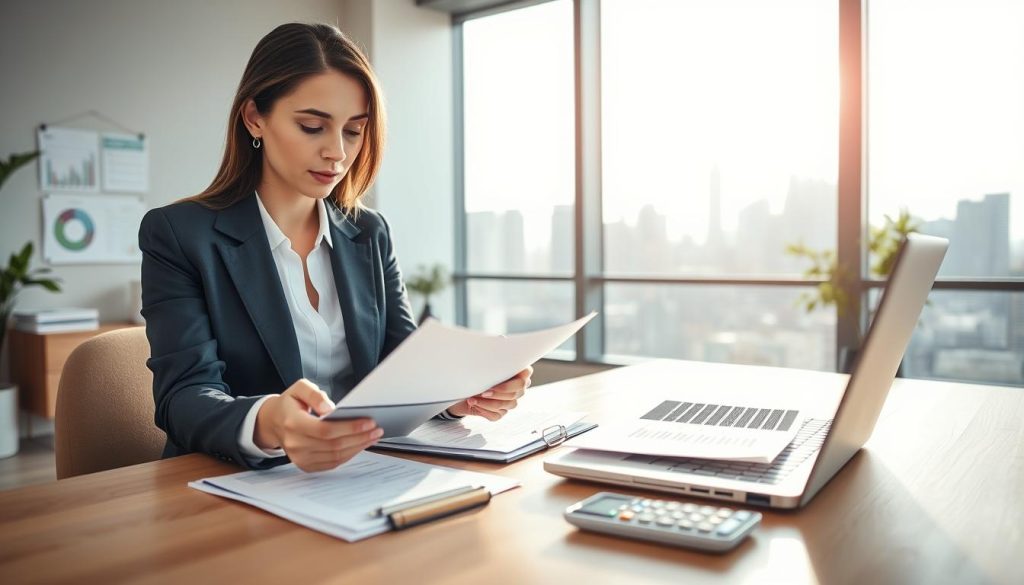 A serene office environment focused on personal finance management. In the foreground, a professional woman in a smart business suit reviews documents and calculations related to loan consolidation, with a calculator and a laptop open in front of her. The middle ground features a large window revealing a bright city skyline, symbolizing opportunity and growth. Soft, natural lighting streams in, creating a warm, approachable atmosphere. In the background, there are charts and graphs displayed on the wall, illustrating financial concepts. The overall mood is one of determination and clarity, portraying the complexity of managing monthly payments and debt consolidation in a modern financial context. A serene office environment focused on personal finance management. In the foreground, a professional woman in a smart business suit reviews documents and calculations related to loan consolidation, with a calculator and a laptop open in front of her. The middle ground features a large window revealing a bright city skyline, symbolizing opportunity and growth. Soft, natural lighting streams in, creating a warm, approachable atmosphere. In the background, there are charts and graphs displayed on the wall, illustrating financial concepts. The overall mood is one of determination and clarity, portraying the complexity of managing monthly payments and debt consolidation in a modern financial context.
