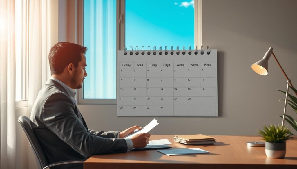A serene office environment illustrating the concept of auto loan disbursement timelines. In the foreground, a professional-looking individual in business attire is seated at a desk, reviewing documents related to car loans. The middle ground features a large calendar prominently displaying various timeframes for loan disbursement, such as "1 day," "3 days," and "1 week," with arrows pointing to each date. The background includes a window showing a clear blue sky, suggesting hope and potential. Soft, natural lighting enters the room, casting gentle shadows and creating a calm atmosphere, while a modern desk lamp adds a warm glow. The overall mood is focused and encouraging, suitable for financial discussions.