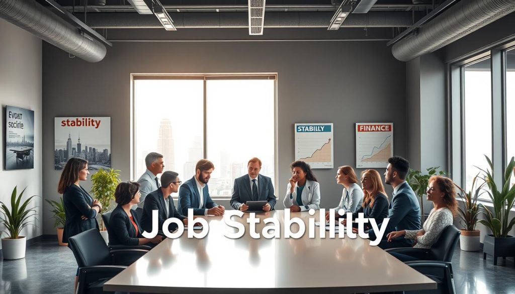 A serene office environment symbolizing "Job Stability." In the foreground, a diverse group of professionals in formal business attire, engaged in a collaborative discussion around a sleek conference table, showcasing different industries such as technology, healthcare, and finance. In the middle ground, a large window with natural light streaming in, illuminating the space, with cityscape views representing various career options. The background features motivational posters about stability and growth, along with potted plants adding a touch of warmth. The atmosphere is positive and focused, embodying a sense of security and professionalism, with a soft, diffused lighting effect to enhance the impression of a productive workplace setting.
