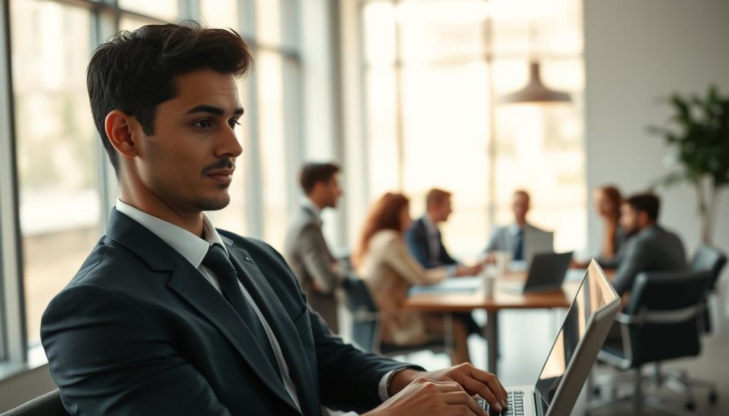 A serene office environment with a confident professional in the foreground, portrayed in a tailored business suit, analyzing data on a laptop. The subject's expression exudes focus and determination, symbolizing job stability. In the middle ground, a group of diverse colleagues collaborates around a conference table, discussing industry trends and financial strategies. The background features large windows letting in soft, natural light that casts a warm glow across the room, enhancing the productive atmosphere. The composition emphasizes a sense of stability and teamwork, with a slight bokeh effect on the background to draw attention to the subjects in focus. The mood is optimistic and forward-thinking, representing the intersection of job security, industry dynamics, and risk assessment.