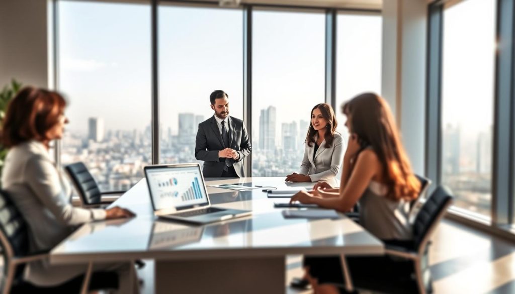 A serene office setting illustrating "financial flexibility" with a focus on a modern workspace. In the foreground, a diverse group of professionals in business attire engage in a thoughtful discussion around a sleek conference table filled with documents and a laptop displaying charts and graphs. The middle ground features a large window allowing natural light to flood in, casting soft shadows that create a warm, inviting atmosphere. In the background, a city skyline is visible through the window, symbolizing opportunities and financial growth. The mood is collaborative and optimistic, encouraging the viewer to feel a sense of potential and adaptability in financial decision-making. The scene is shot with a slight tilt-shift effect to emphasize the professionals while keeping the background in a gentle blur. A serene office setting illustrating "financial flexibility" with a focus on a modern workspace. In the foreground, a diverse group of professionals in business attire engage in a thoughtful discussion around a sleek conference table filled with documents and a laptop displaying charts and graphs. The middle ground features a large window allowing natural light to flood in, casting soft shadows that create a warm, inviting atmosphere. In the background, a city skyline is visible through the window, symbolizing opportunities and financial growth. The mood is collaborative and optimistic, encouraging the viewer to feel a sense of potential and adaptability in financial decision-making. The scene is shot with a slight tilt-shift effect to emphasize the professionals while keeping the background in a gentle blur.