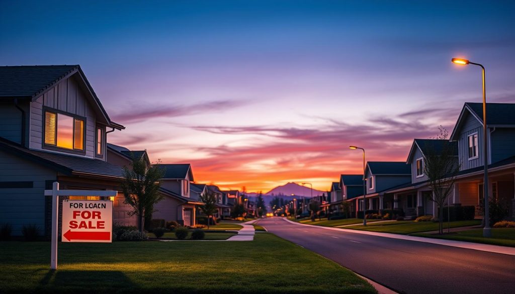 A serene suburban neighborhood scene at dusk, showcasing a modern home with a warm glow emanating from the windows, emphasizing safety and security. In the foreground, a well-manicured lawn with a "For Sale" sign subtly illustrating the topic of loans and insurance. The middle ground features a peaceful street lined with similar homes, under a soft purple and orange sunset sky. In the background, silhouettes of mountains symbolize the potential risks of fire and earthquakes, complementing the mood of preparedness. The scene is illuminated by gentle street lamps, casting a comforting light. The focus is on the home and its secure environment, with a professional atmosphere, avoiding any unnecessary clutter. A serene suburban neighborhood scene at dusk, showcasing a modern home with a warm glow emanating from the windows, emphasizing safety and security. In the foreground, a well-manicured lawn with a "For Sale" sign subtly illustrating the topic of loans and insurance. The middle ground features a peaceful street lined with similar homes, under a soft purple and orange sunset sky. In the background, silhouettes of mountains symbolize the potential risks of fire and earthquakes, complementing the mood of preparedness. The scene is illuminated by gentle street lamps, casting a comforting light. The focus is on the home and its secure environment, with a professional atmosphere, avoiding any unnecessary clutter.