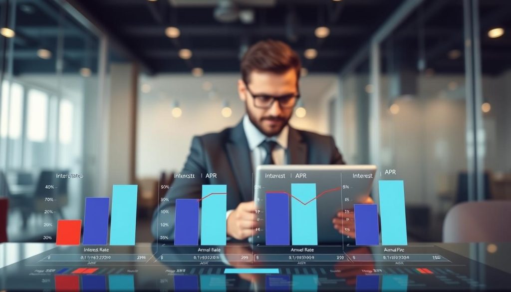 A set of visually distinct bar graphs comparing interest rates and Annual Percentage Rate (APR) on a sleek digital interface, positioned prominently in the foreground. Each graph is color-coded for clarity, with annotations highlighting key statistics. In the middle, a professional-looking individual in a business suit, analyzing the data on a laptop, symbolizes informed decision-making. The background features a blurred image of a modern office space with glass walls and subtle lighting, creating an atmosphere of professionalism and focus. Soft, natural lighting enhances the visual appeal, while a slight depth of field draws attention to the graphs. The overall mood is analytical and serious, conveying a sense of financial empowerment through informed choices. A set of visually distinct bar graphs comparing interest rates and Annual Percentage Rate (APR) on a sleek digital interface, positioned prominently in the foreground. Each graph is color-coded for clarity, with annotations highlighting key statistics. In the middle, a professional-looking individual in a business suit, analyzing the data on a laptop, symbolizes informed decision-making. The background features a blurred image of a modern office space with glass walls and subtle lighting, creating an atmosphere of professionalism and focus. Soft, natural lighting enhances the visual appeal, while a slight depth of field draws attention to the graphs. The overall mood is analytical and serious, conveying a sense of financial empowerment through informed choices.