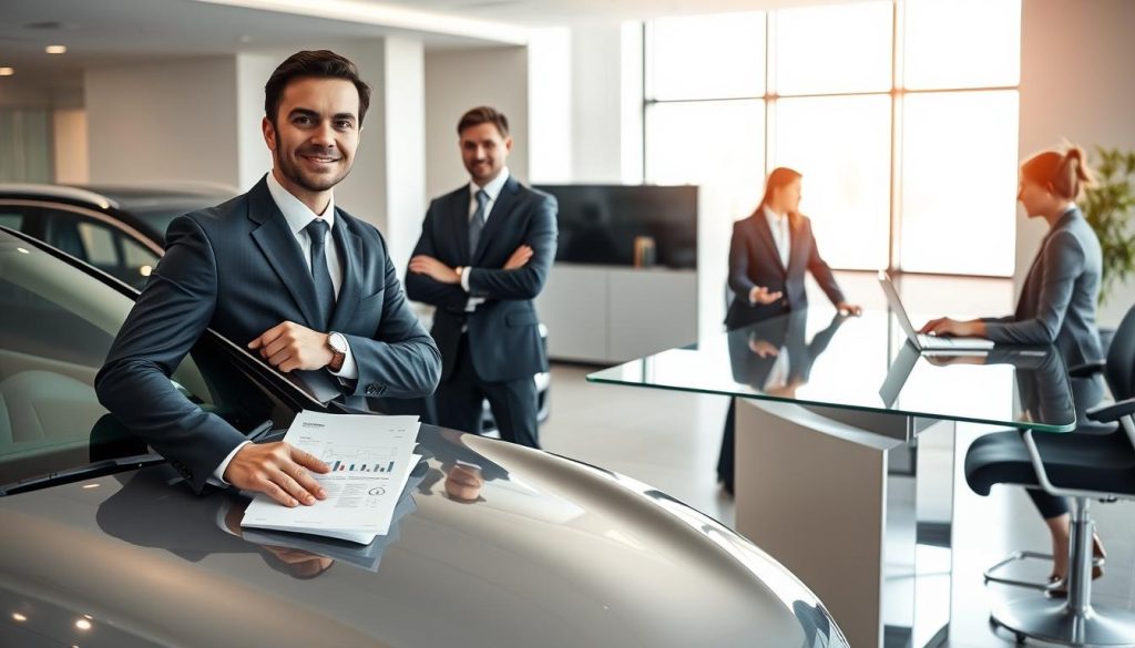 A sleek, modern bank office setting focused on auto loans. In the foreground, a professional-looking man in a business suit stands confidently beside a shiny new car, holding a stack of paperwork that symbolizes auto financing. In the middle ground, a representative in business attire is engaged in a discussion with a customer at a sleek glass desk, showcasing graphs and charts on a laptop. The background features a large window with natural light streaming in, illuminating the space and creating a welcoming atmosphere. The overall mood is one of professionalism and trust, emphasizing the financial aspect of car loans. Soft, diffused lighting enhances the clarity of details and brings a sense of warmth to the environment.