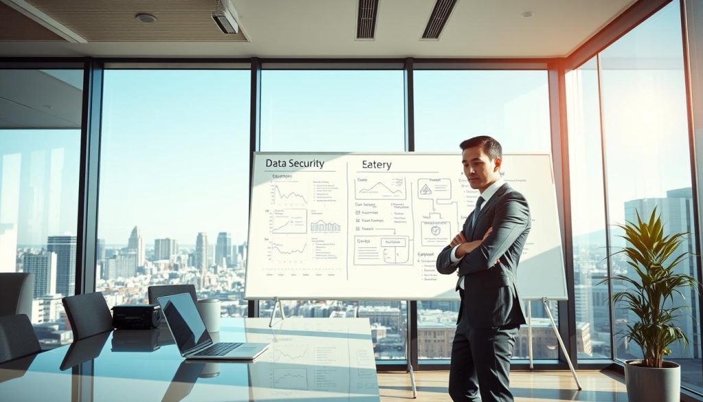 A sleek, modern office environment focusing on data security. In the foreground, a confident business professional in formal attire stands beside a desk, analyzing digital security metrics on a laptop screen. The middle ground features a large whiteboard filled with strategic diagrams and flowcharts addressing loan application processes. In the background, floor-to-ceiling windows reveal a city skyline under a bright, clear blue sky, with soft natural light flooding the room, creating an inviting atmosphere. The scene conveys professionalism and diligence, emphasizing the importance of data safety in securing successful loan applications. Shot with a wide-angle lens to encompass the dynamic workspace, incorporating subtle reflections on glass surfaces to enhance depth.